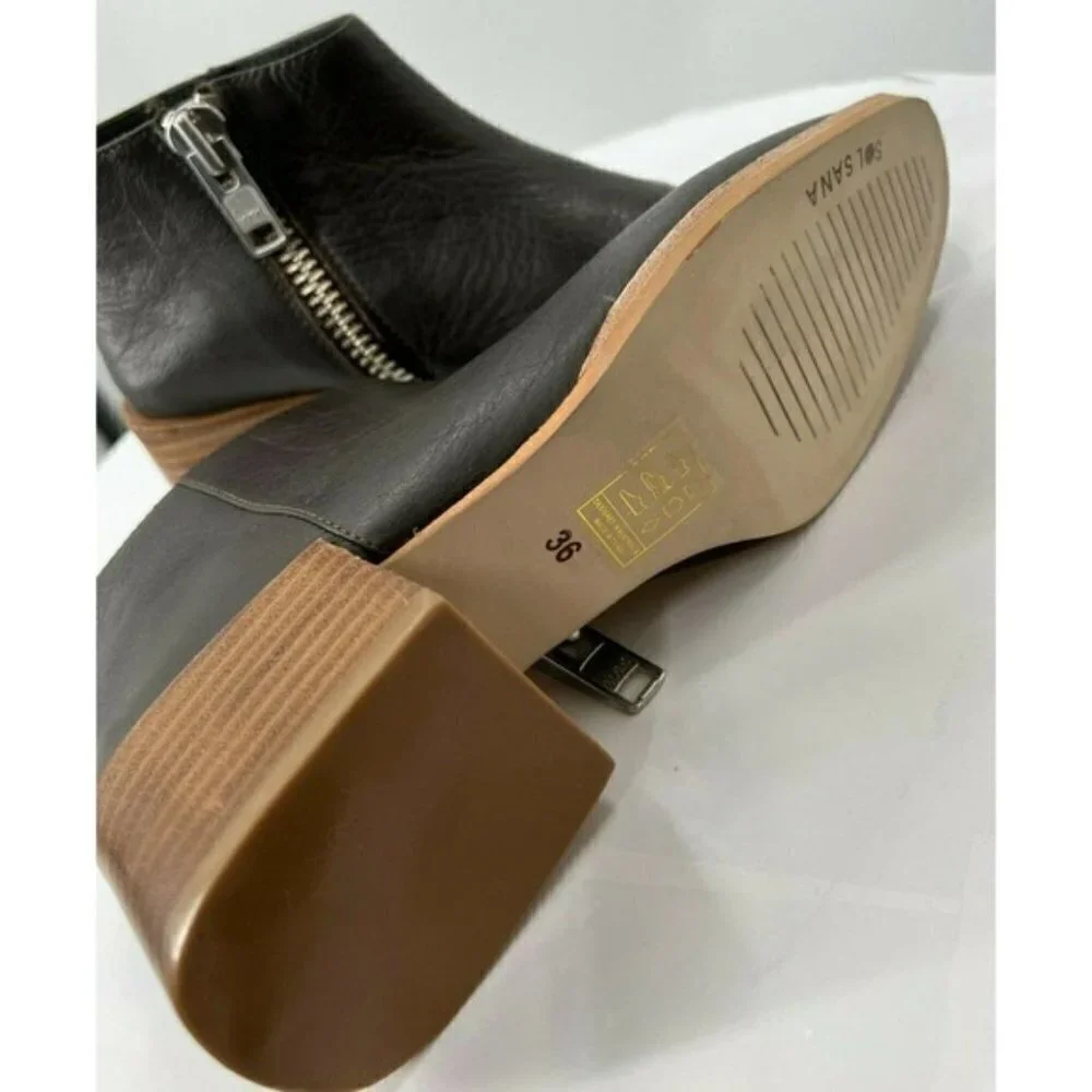 Sol Sana Black Leather Zip Ankle Bootie Boots Stacked Heel Square Toe Women's 6